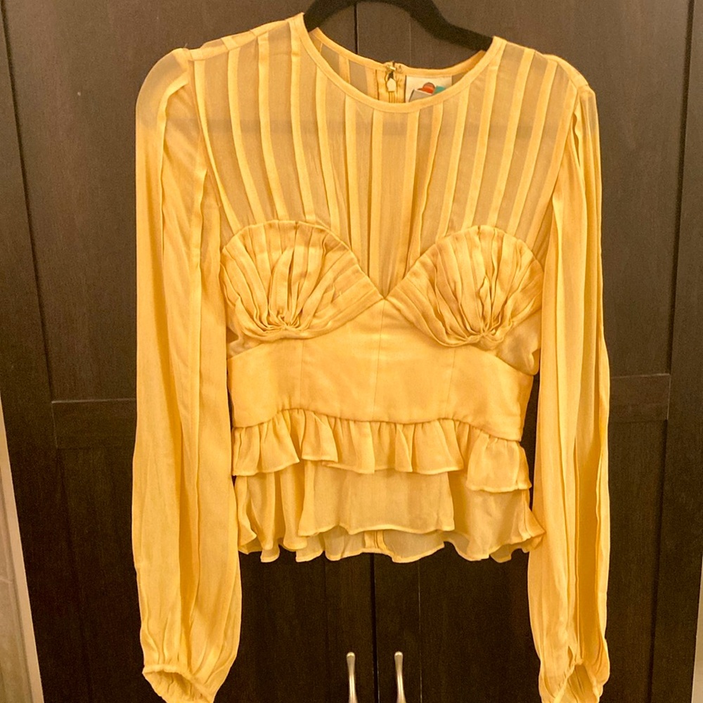 FARM Rio Yellow Puff Sleeve Blouse with Pleated Details